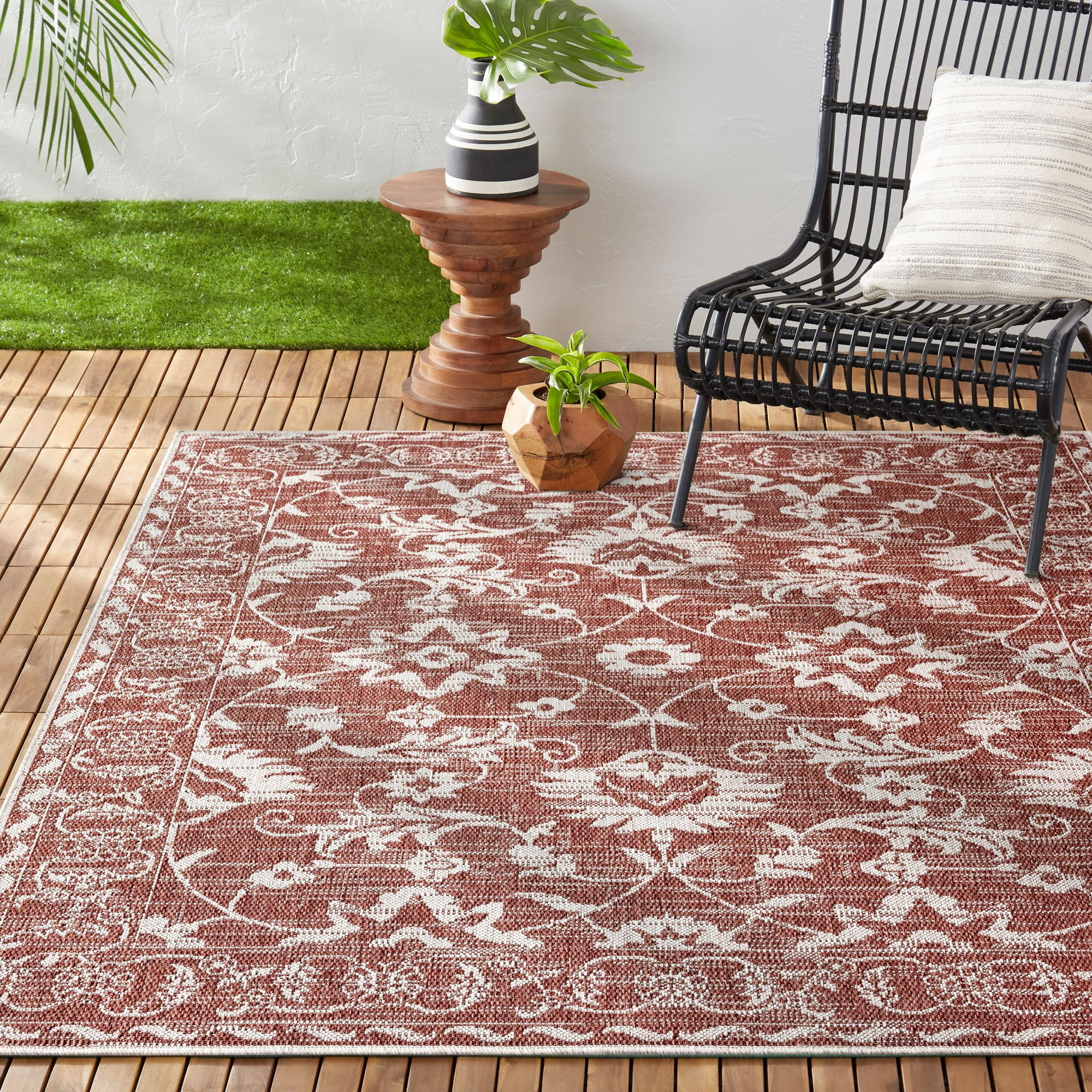Nicole Miller New York Patio Country Ayala Botanical Floral Indoor/Outdoor Area Rug, Terracotta/Ivory , 5'2"x7'2"