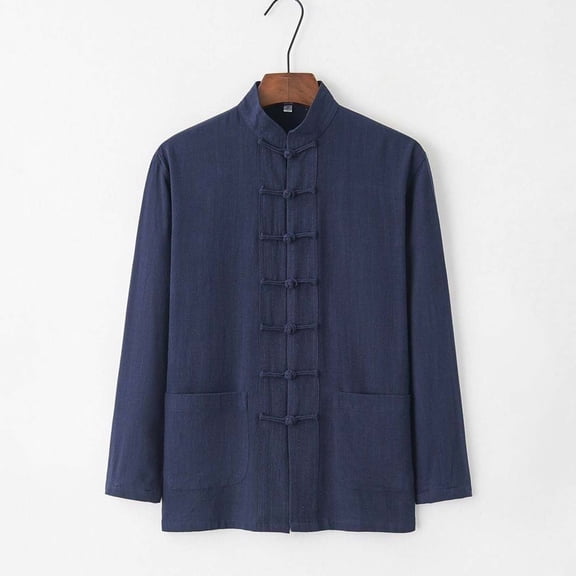 Ceisia Men's Solid Color Long Sleeve Stand Collar Chinese Knot Button Linen Blend Breathable Double Pocket Casual Shirt Navy XXXXL Gifts