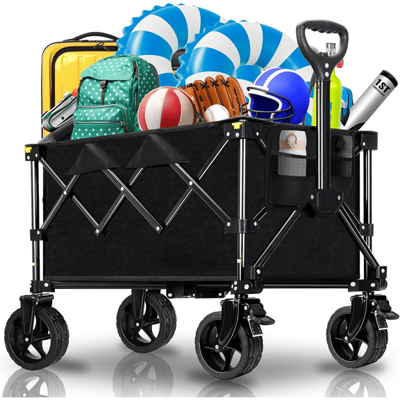 Collapsible Wagon Cart with Wheels Foldable, Folding Wagon Cart with All Terrain Wheel, Large Grocery Carts On Wheels, Heavy Duty Utility Wagons for Shopping Beach Sports Fishing Camping, 110L, Black