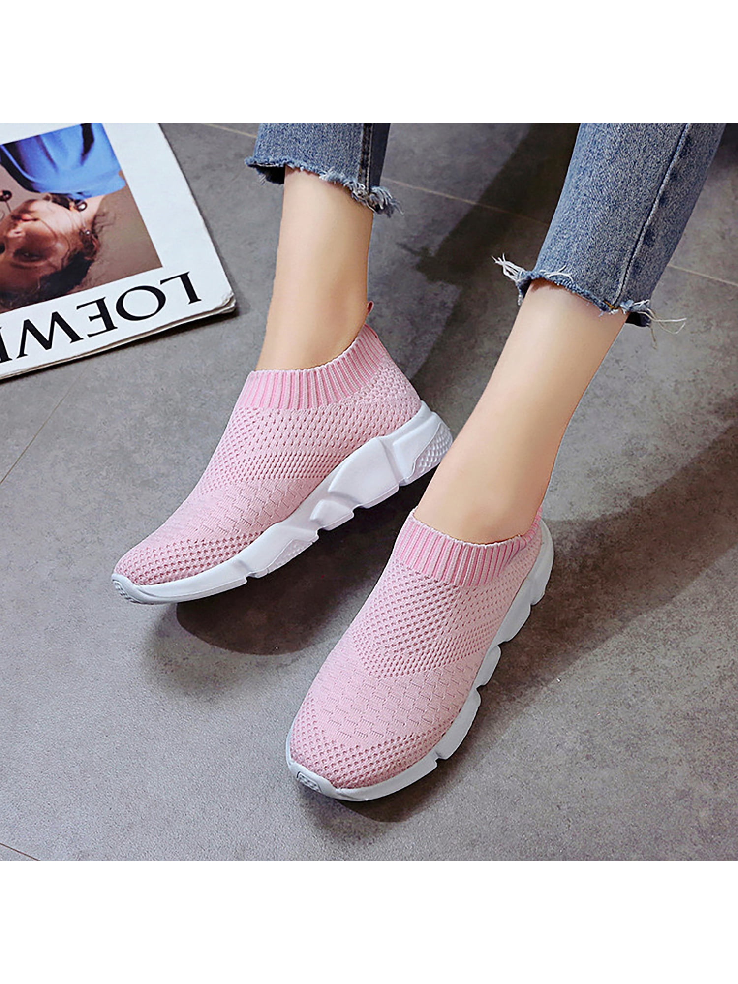 Women's Sneakers Knitted Mesh Breathable Shoes Walking Slip On Flats Sock Shoes 
