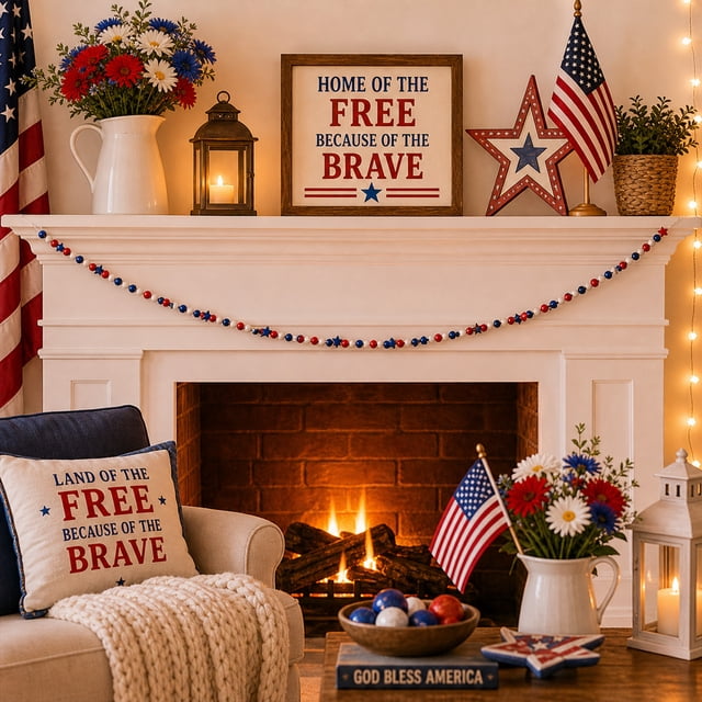 Patriotic Bead Garland With Ball And Star Ornaments 4th Of July Decoration