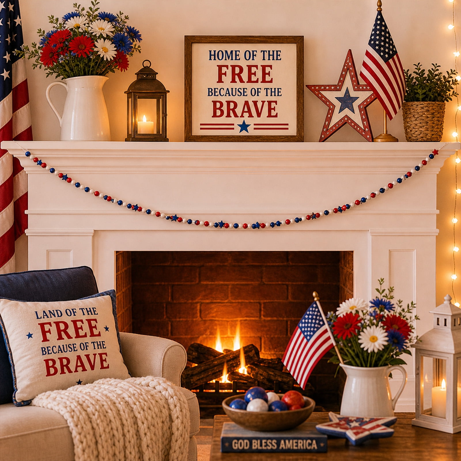 Patriotic Bead Garland with Ball and Star Ornaments 4th of July Decoration Red White Blue Hanging Garland