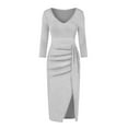 thumbnail image 4 of MRULIC dresses for women 2022 Party Long Women Sleeve Fashion Dresses High Slit V-Neck Dress Women's DressWomen's Formal Dress Silver + US:12, 4 of 6