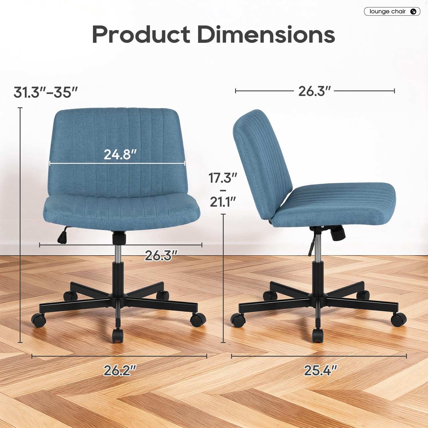 NiamVelo Vanity Chair with Wheels Criss Cross Chair Wide Desk Chair Armless Office Chair Adjustable Swivel Chair for Home Office, 250LBS Weight （Blue）
