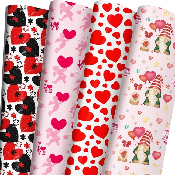 PrimeCook Shop Valentine's Day Wrapping Paper for Men Women - With Gift Tags Red, Pink and Black Hearts and Sweet Gnome Wedding Anniversary Heart Designs - 20 x 29 inches, 8 folded sheets