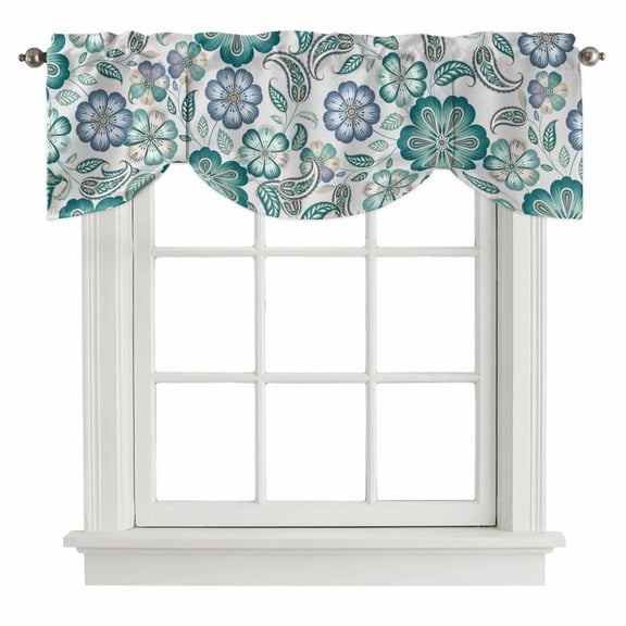 Teal Paisley Pattern Tie Up Valance Curtains for Windows, Kitchen Curtains Window Treatments, Boho Ethnic Floral Traditional Short Window Shades Valances for Bedroom Bathroom Cafe 42"x18"