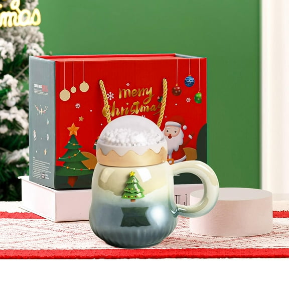 Xmas Christmas Ceramic Mug with Lid Spoon and Handle Winter Holiday Novelty Green Tea Coffee Cup Gift