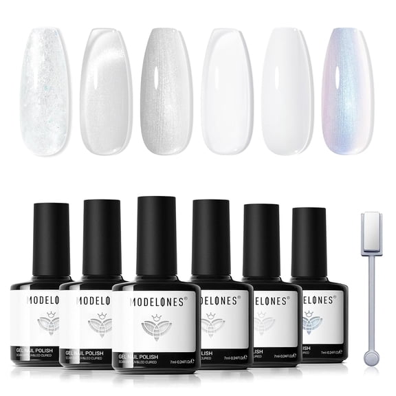 modelones White Gel Nail Polish Set, 6 Colors Milky Jelly White Silver Cat Eye Pearl Glitter Gel Polish Kit with Cateye Magnet, Soak Off LED DIY Manicure Home Gift for Women