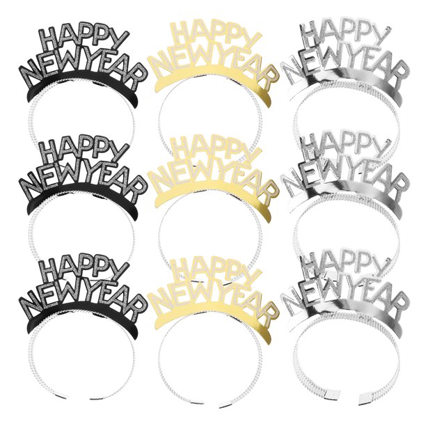9pcs Feliz año nuevo Bandas para el cabello Aros para el cabello únicos Tocado Accesorios para el cabello Favores de fiesta Suministros para el festival (dorado + plateado + negro)