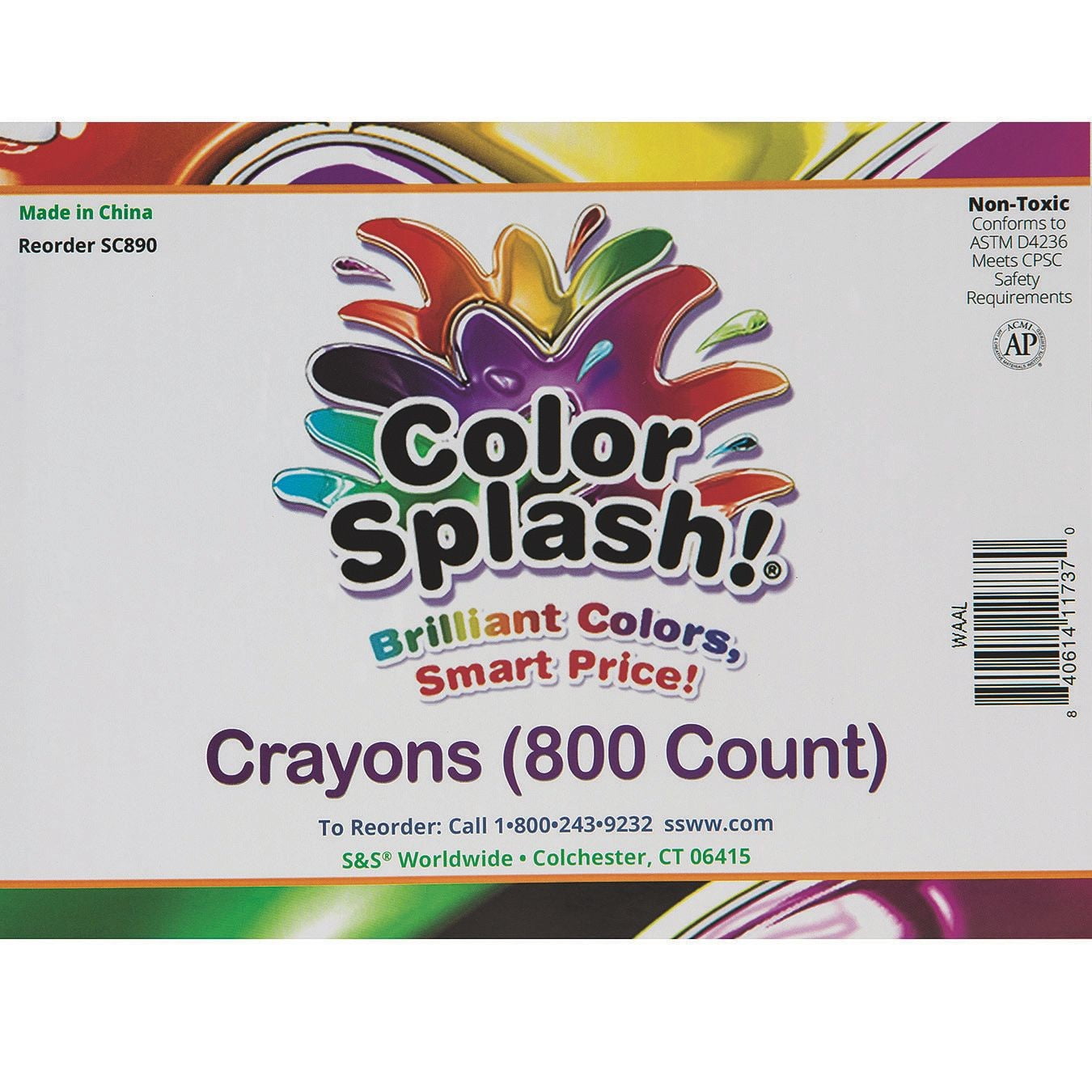 S&S Worldwide Color Splash!® Crayons. Excellent Quality, Superior Value. Great for Classrooms and Groups, Divided Box for Easy Sorting, Includes 100 each of 8 Vibrant Colors, Non-Toxic, Pack of 800.
