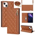 thumbnail image 1 of For Iphone 14 Plus Grid Texture Lanyard Zipper Leather Phone Case(Brown), iPhone 13, 1 of 6