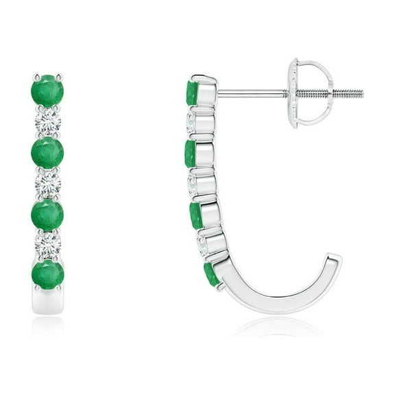 ANGARA Natural Emerald and Diamond J-Hoop Earrings in 14K White Gold for Women (Size-2mm) | May Birthstone, Birthday, Anniversary, Jewelry Gift for Women | Natural Emerald Earrings