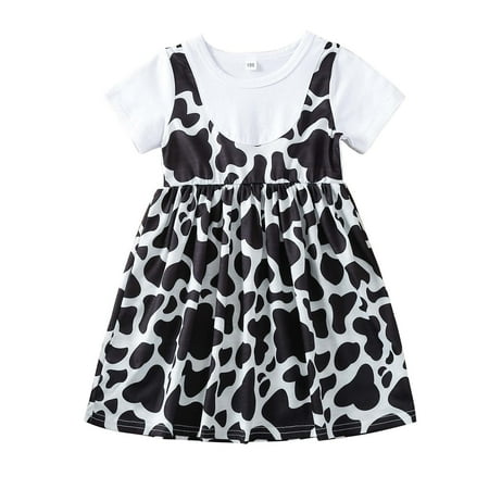 

Toddlers Girls Baby Dress Princess Dress Short Sleeve Cow Printed Casual Dress Children Clothes Fashion Child Sundress Streetwear Kids Dailywear Outwear