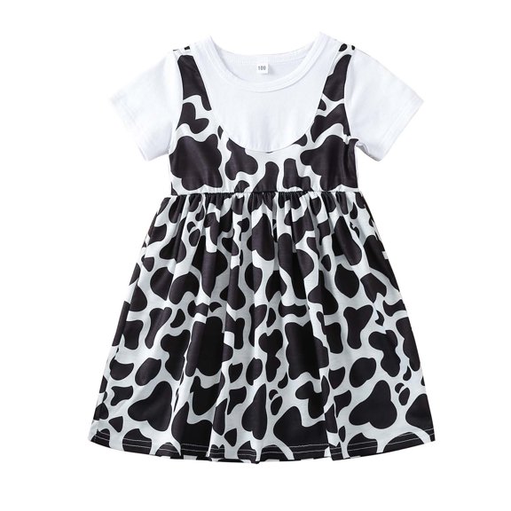 Toddler Girls Casual Dresses Short Sleeve Princess Cow Prints Casual Fashion Little Girl Dress Daily-Wear