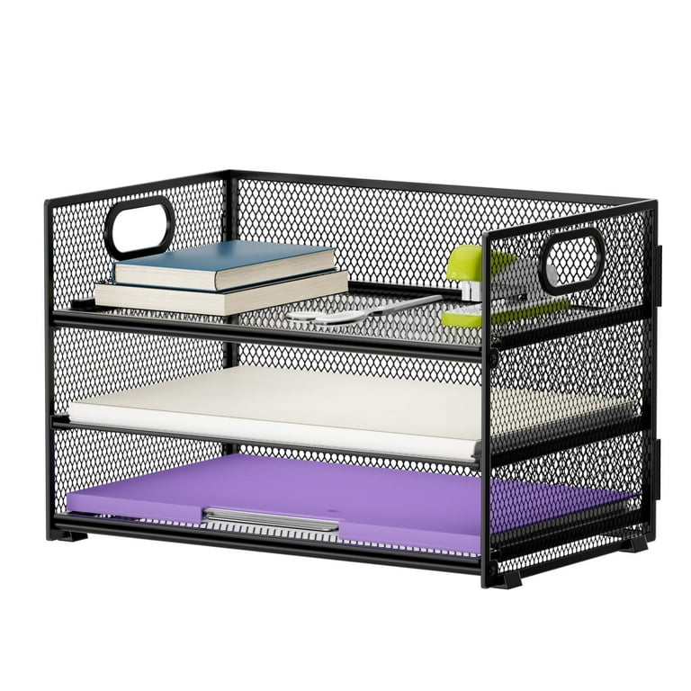 Marbrasse 3-Tier Mesh Paper Organizer with Handle, Black photo 1