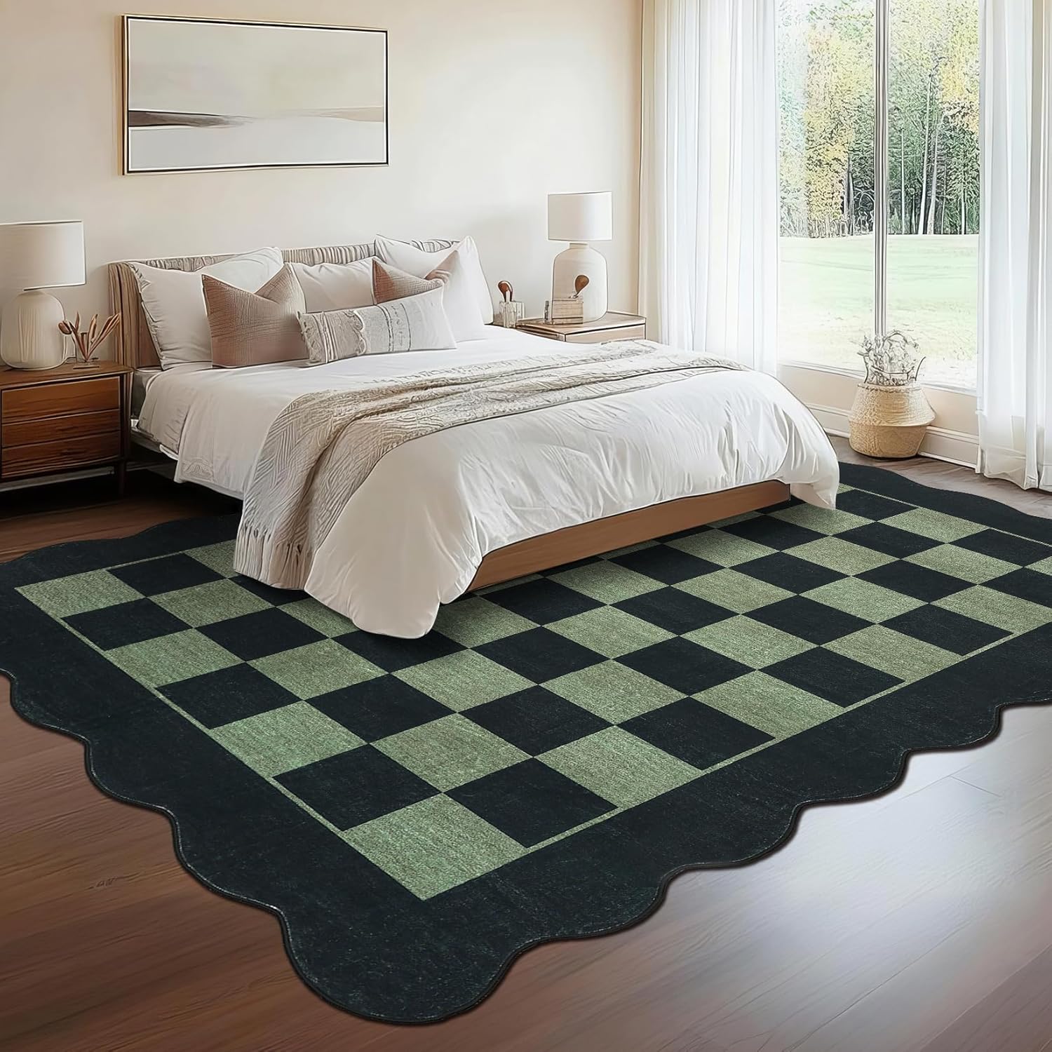 IdealHouse 8'x10' Washable Kitchen Rug, Non-Slip Low Pile Scalloped Checkerboard Farmhouse Entryway Mat, Soft Neutral Area Rug, Green