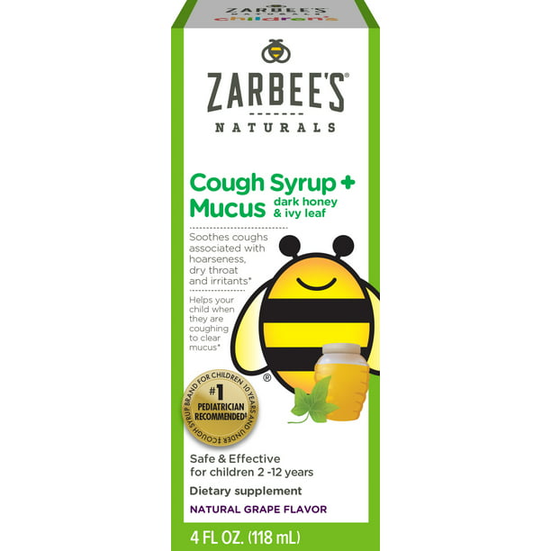 Zarbee's Naturals Children's Cough Syrup + Mucus with Dark Honey & Ivy Leaf , Natural Grape Flavor, 4 Fl. Ounces (1 Box)
