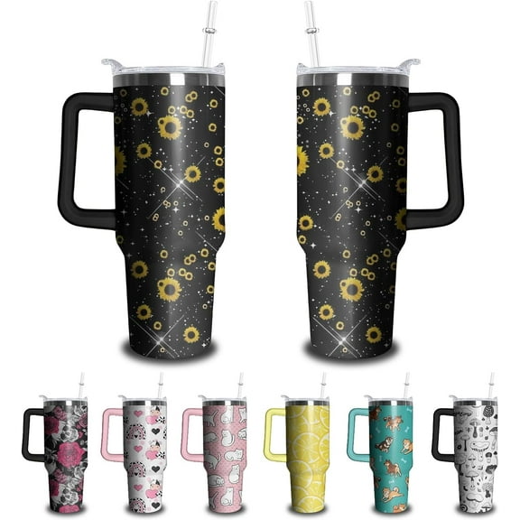 40oz Sunflower Tumbler with Handle and Straw, Shiny Stainless Steel Insulated Cup with Lid and Straw, Travel Coffee Mug Water Bottle, Birthday Mothers Day Gifts for Women Men Flowers Lovers