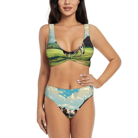 Zeuib Prairie Pasture Cow High Waisted Tummy Control Bikini Set - Knot Front Push Up Top & Cheeky Thong Bottom  Two-Piece Swimsuit for Women-X-Large