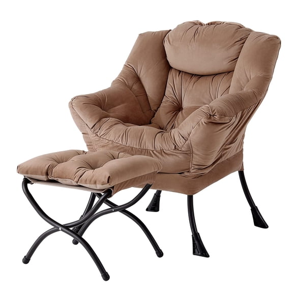 Welnow Velvet Dark Brown Lazy Chair with Ottoman, Thick Cushioned Reading