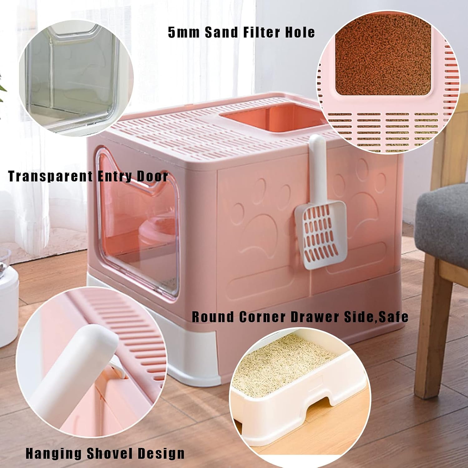 Foldable Large Cat Litter Box Enclosed Cat Potty with Drawer Top Entry Type Anti-Splashing Cat Toilet with Lid and Cat Litter Scoop No Smell Cat Supplies for Cats and Kittens-Pink