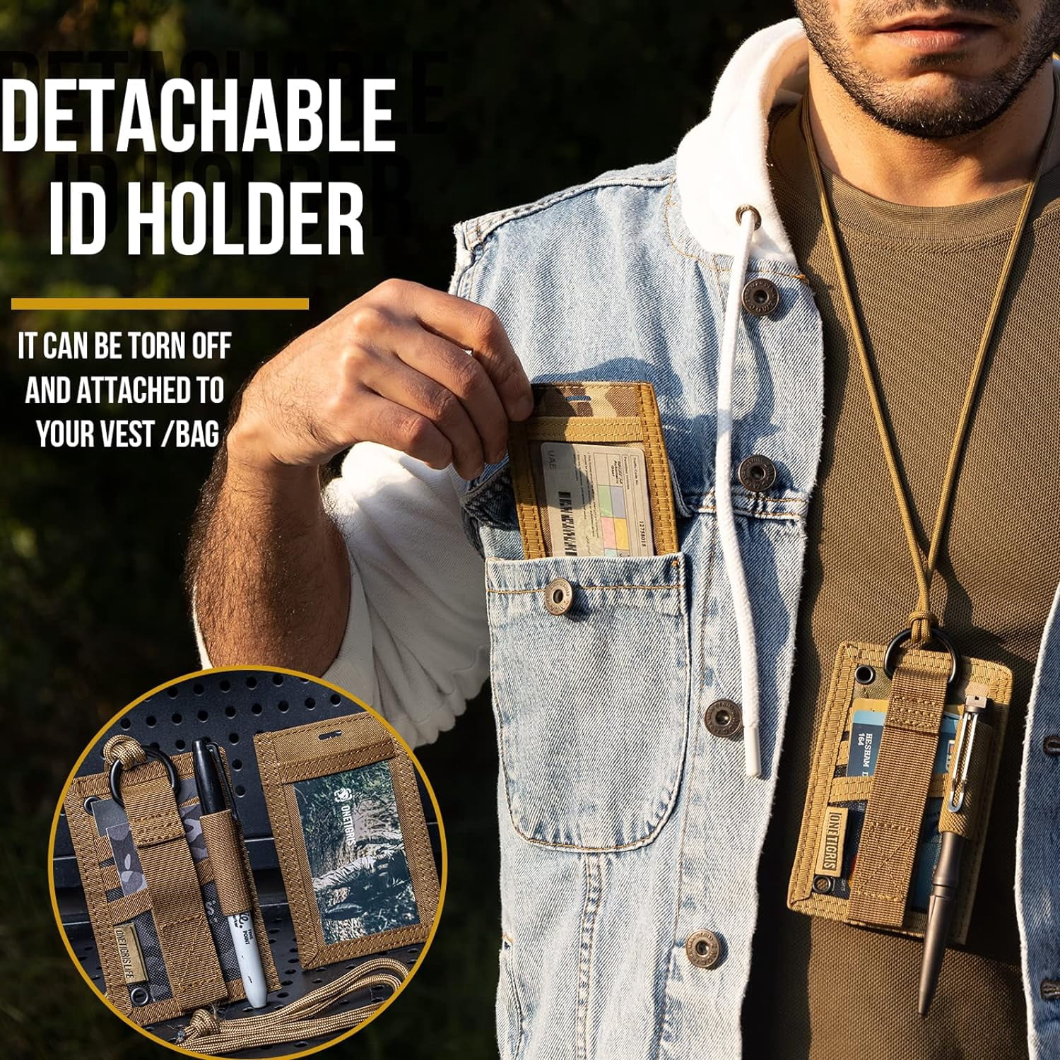 Tactical ID Card Holder Hook & Loop Patch Badge Holder Neck Lanyard Key Ring and Credit Card Organizer (Coyote Brown)
