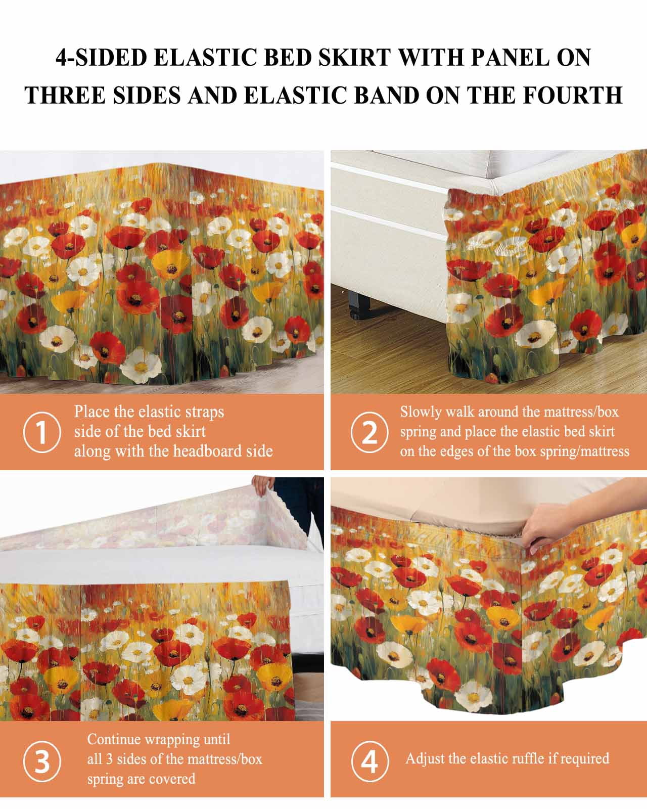 Retro Floral Bed Skirt Red White Yellow Poppy Flowers Oil Painting Bed Skirts King Size 18 Inch Drop, Wrap Around Dust Ruffle&nbsp;Bedskirt with Adjustable Elastic Belt for Queen Size Beds