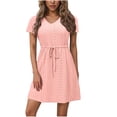 thumbnail image 1 of Dvprdro Robe d'Été Décontractée Unie à Manches Courtes pour Femme, Mode Élégante, Col en V, à Nouer, Robe Courte de Plage et Soleil, 1 of 5