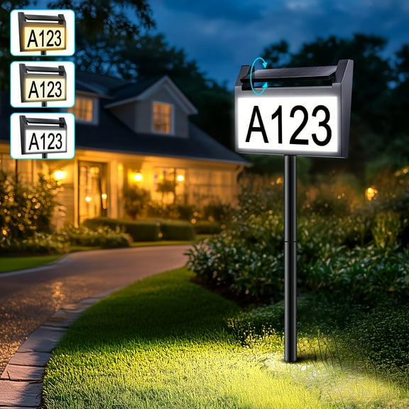 DEERDANCE Solar Address Sign Lighted House Numbers Waterproof, Solar Powered LED Illuminated Address Plaques with Stakes, 3-Color in 1 Address Number