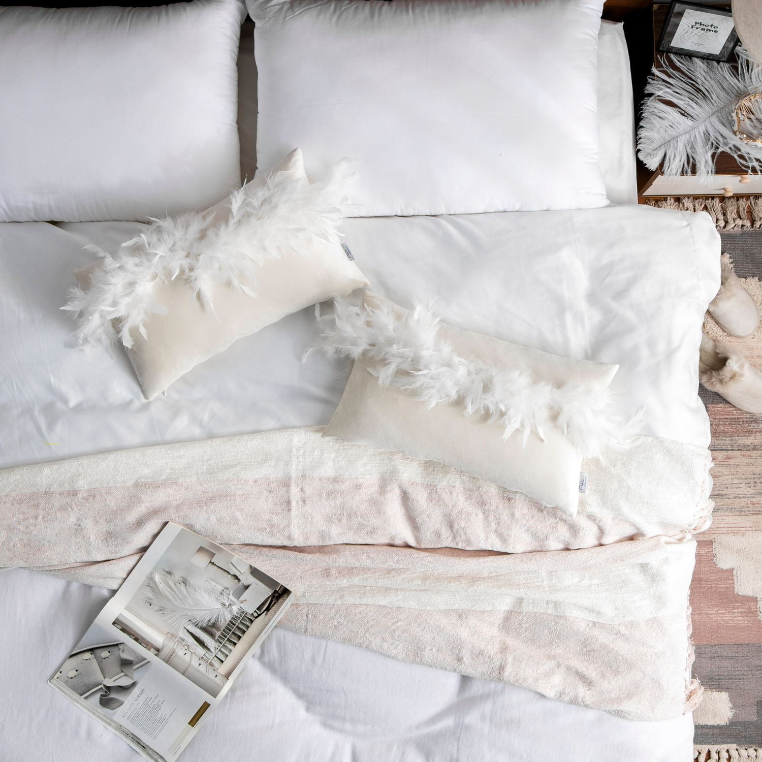 Phantoscope Feather Velvet Decorative Throw Pillows, 12 x 20 in, Off White, 2 Pack