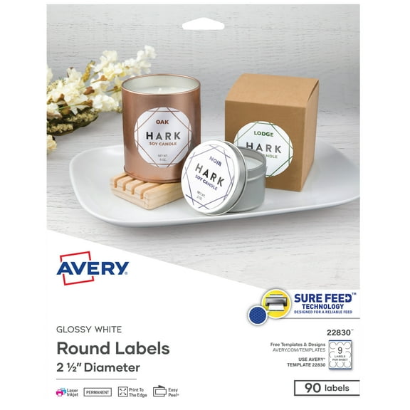 Avery Printable Round Labels, 2.5", Glossy White, 90 Labels (22830)