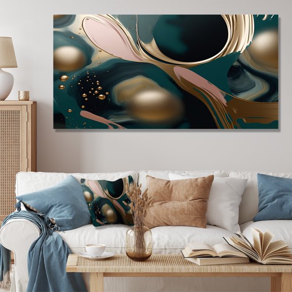 Designart "Harmony in Abstract Liquid Ink Gold and Green" Extra Large Abstract Wall Art - Modern Gold Abstract Liquid Ink Bedroom Canvas Wall Art