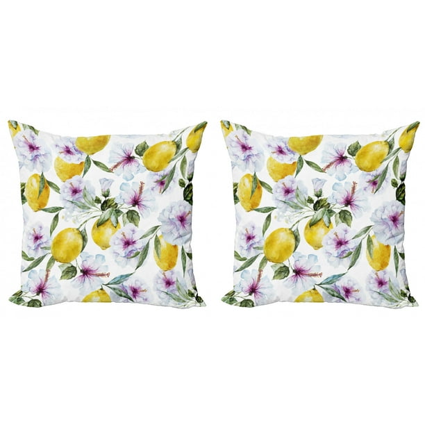 Spring Throw Pillow Cushion Cover Pack of 2, Flowers Lemons Essence