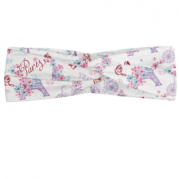 Romantic Headband, Vintage European Paris Eiffel Tower with Flowers Floral Swirls Art, Elastic and Soft Women's Bandana for Sports and Everyday Use, Grey Red Coconut, by Ambesonne