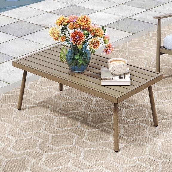 HAPPATIO Outdoor Coffee Table for Patio, Aluminum Patio Coffee Table, Waterproof and Rustproof Modern Rectangle Coffee Table for Deck, Lawn, Yard, Brown