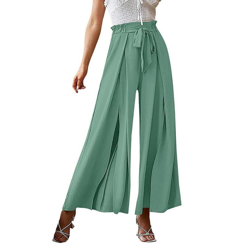 Plus Size Women Wide Leg Pants Smocked Bow Belt High Waist Front Split ...