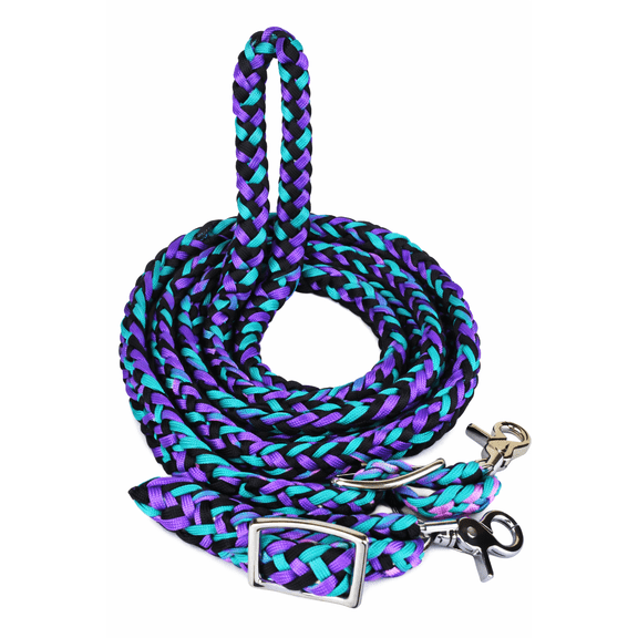 Horse Western Nylon Braided Roping Knotted Barrel Reins Purple-Turquoise 607244