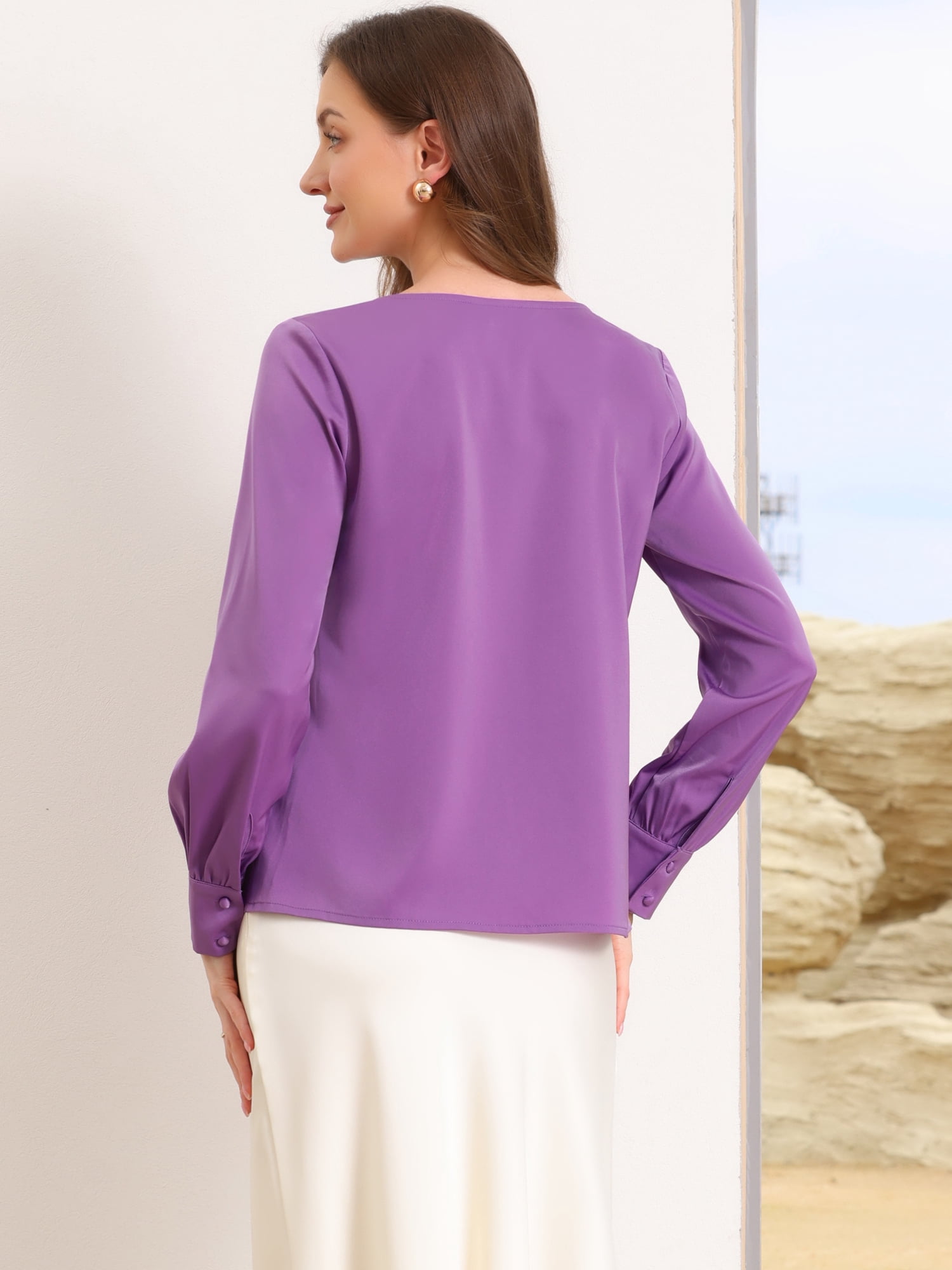 DARING DIVA Women's Elegant Work Shirts Cowl Neck Satin Blouses Shirt S Purple