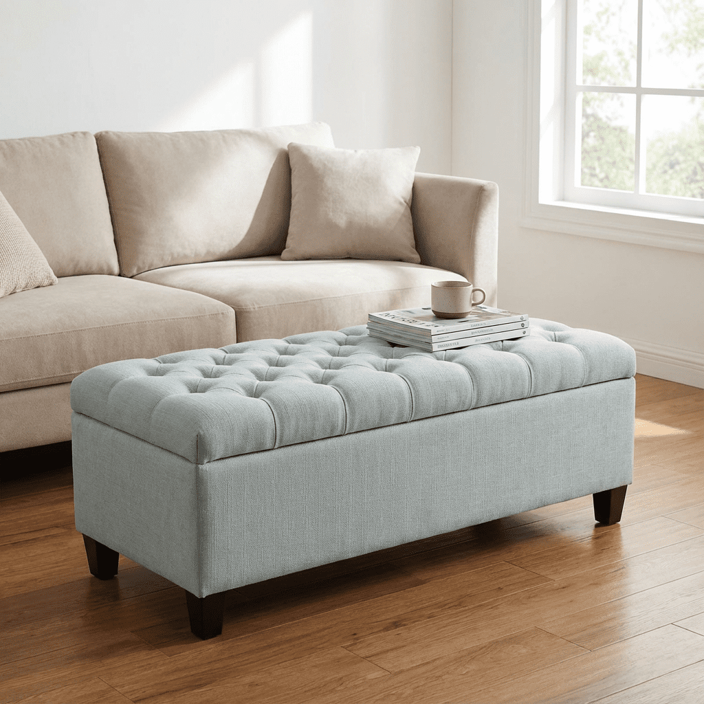 Storage Ottoman Bench, Upholstered Ottoman, Bench with Safety Hinges and Extra Seating, Solid Wood Frame for Living Room, Dining Room, Entryway, Hallway, 50.25 Inch Wide, Baby Blue