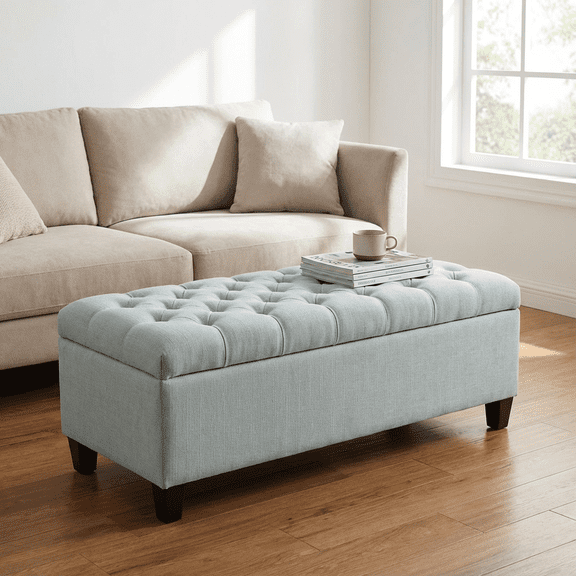 Nmkwnr Polyester Seat Storage Bench with Wood Frame, 50.25" Storage Ottoman for Living, Dining Room, Entryway, Hallway, Blue