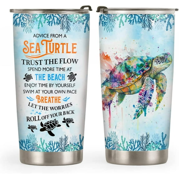 20oz Turtle Gifts for Turtle Lovers, Sea Turtle Gifts for Women, Ocean Gifts, Beachy Gifts Beach Themed, Beach Gifts, Colorful Turtle Advice Tumbler Cup, Insulated Travel Coffee Mug with Lid