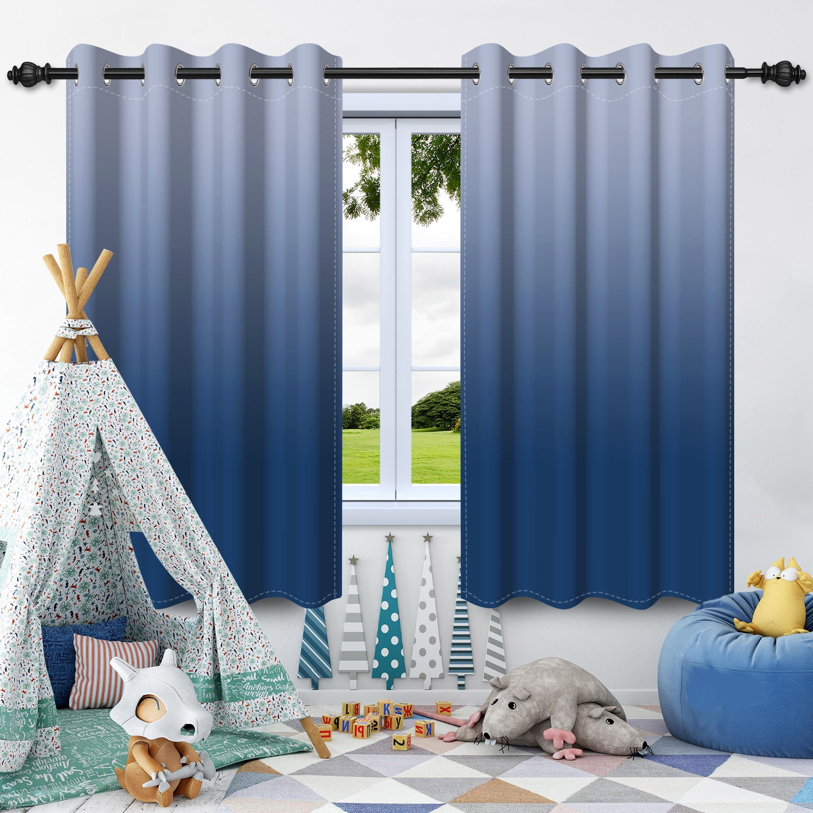 Nanqianyi Blue Ombre Blackout Curtains with Grommet, Room Darkening Window Drapes for Living Room/Bedroom,2 Panels, 42x63 inches
