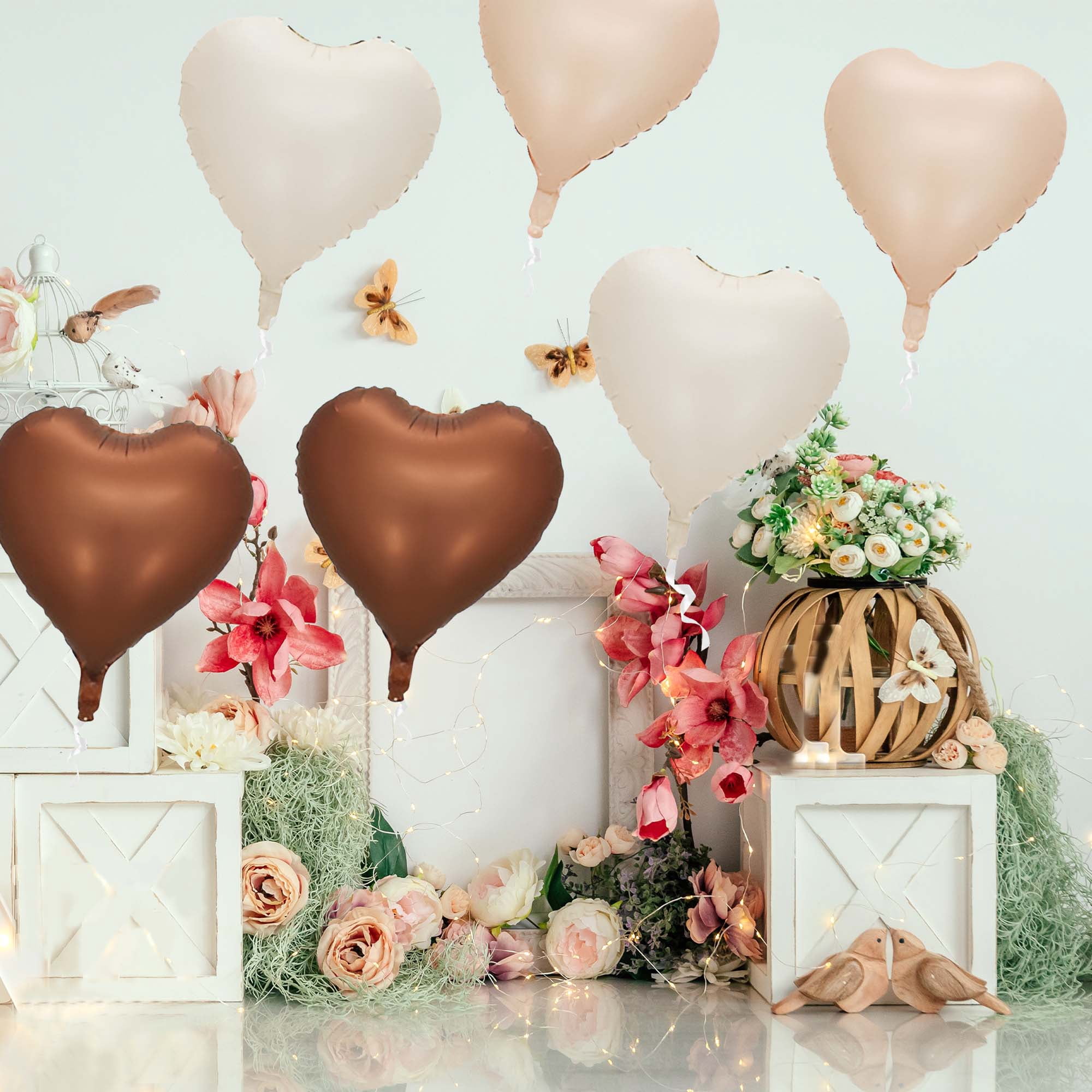 Unique Bargains 10Pcs Helium Balloons with Ribbon Heart Pattern White Brown Apricot