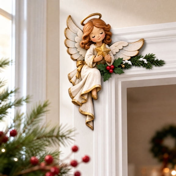 2PC Christmas Peekaboo Door Frame Corner Decor, Angel Wooden Door Topper, DIY Windows Walls Cabinet Corner Shelf Art Decor & Xmas Gift