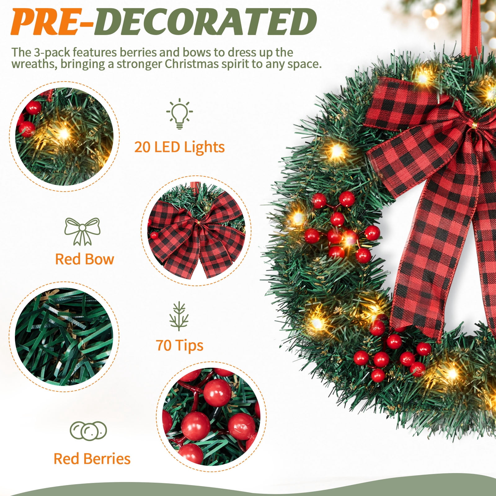 Astoutdoor Set of 3 Solar Christmas Wreaths, 14 in, 210 PVC Tips, 60 Warm White LEDs, 8 Modes, Ground Stake, White