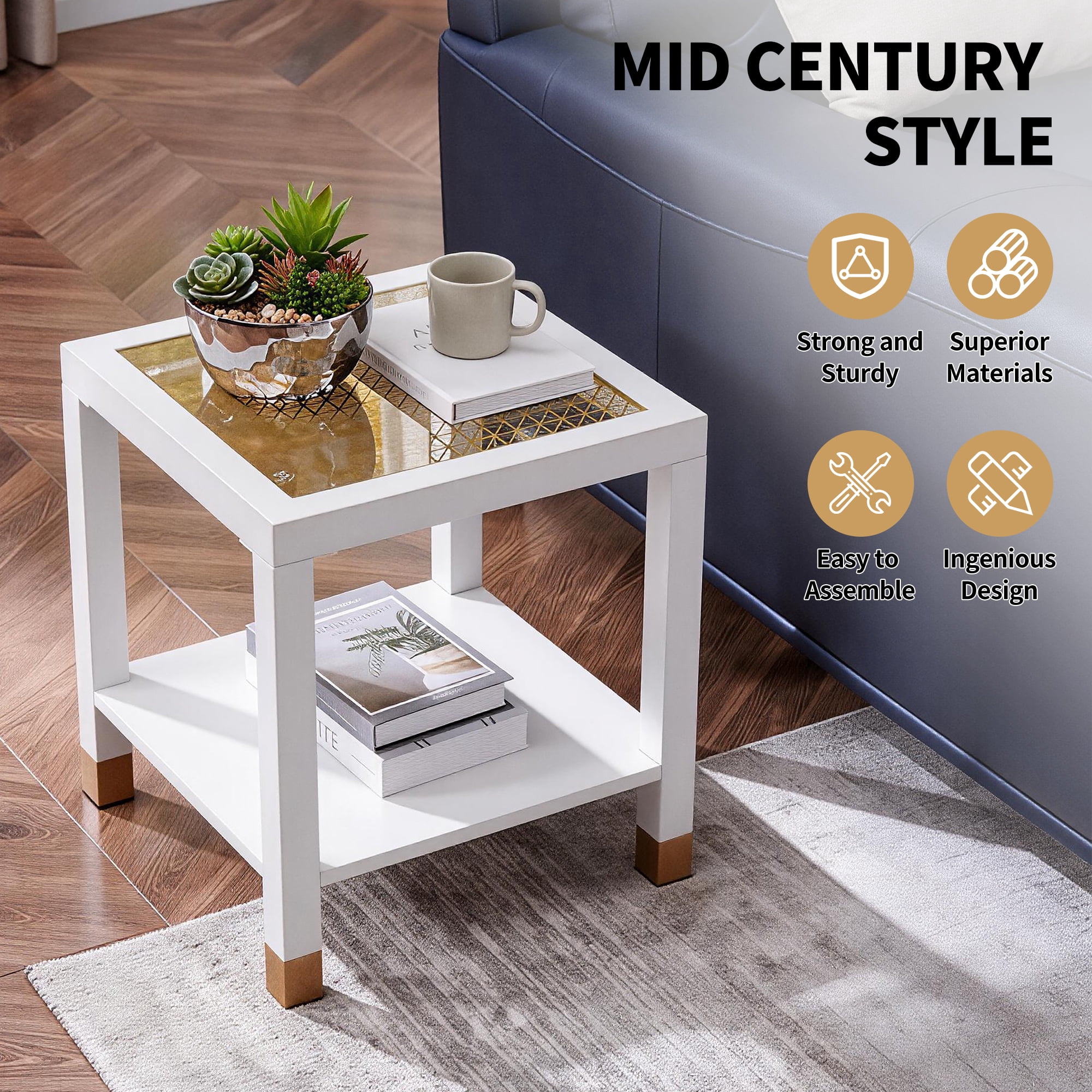 Leumius Glass End Table, Modern Style Side Table, Square Table with Tempered Glass and Metal Frame, 2-Layer Nightstand for Living Room White