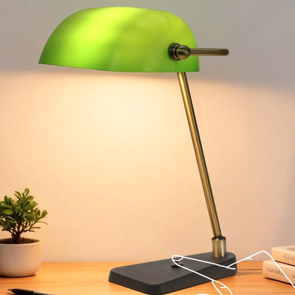 Green Bankers Desk Lamp with Antique Brass Frame Black Base 2.9lb, Green