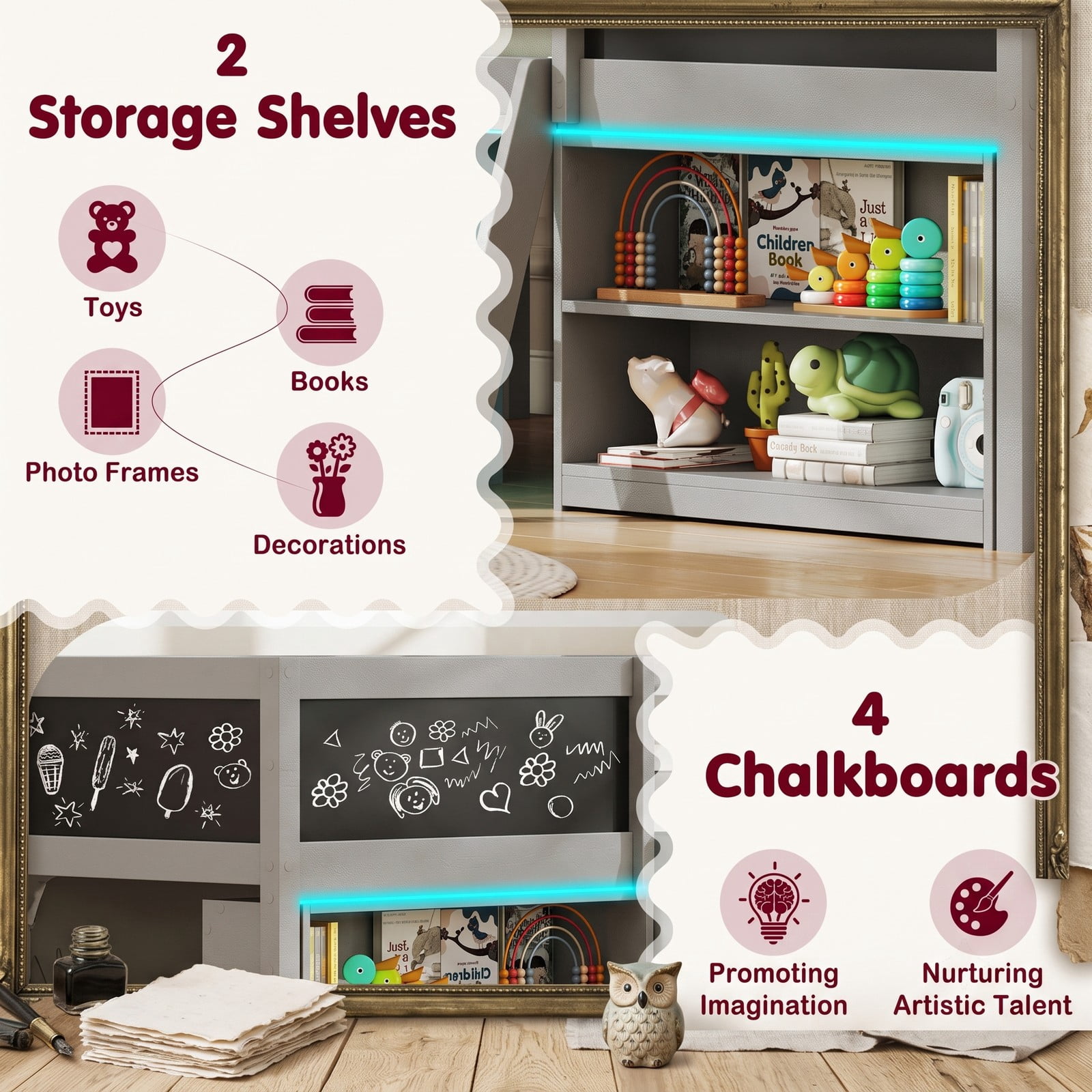 Furnibear Low Loft Bed with LED Lights and Bookcases for Kids Bedroom, Space-Saving Wood Cabin Bed with Storage Shelves and Chalkboard, Gray