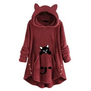 sebulube Women'S Long Sleeve Cat Ear Hoodies Pullover Hoodie Fleece Cute Printed Top With Button Pockets