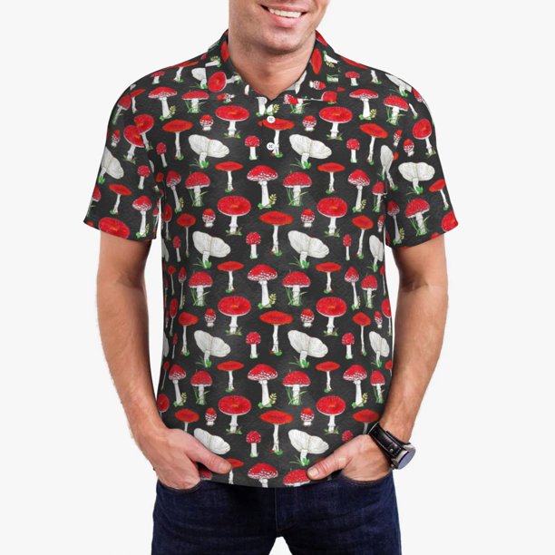 Balery Red Mushrooms Camisa Polo de Hombre con Estampado, de Manga Corta y Tejido Medio, Camisa Tipo Golf Polo-Large
